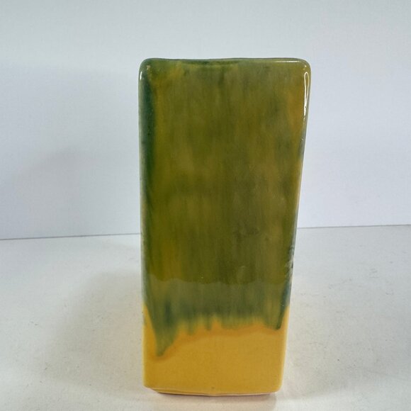 Vintage McCoy green and yellow ceramic square bird vase 6.75" tall - Picture 4 of 10